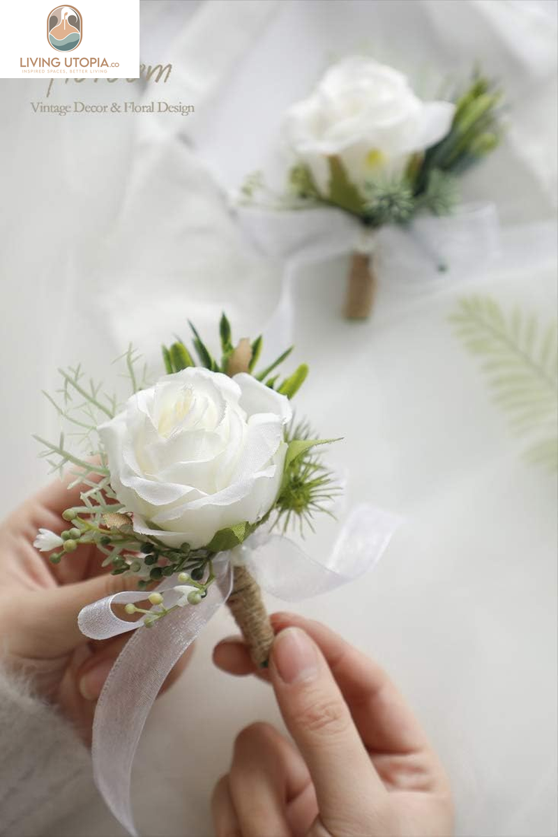 Set of 6 Ivory Rose Boutonnieres for Best Men Groom Groomsmen White Wedding Prom
