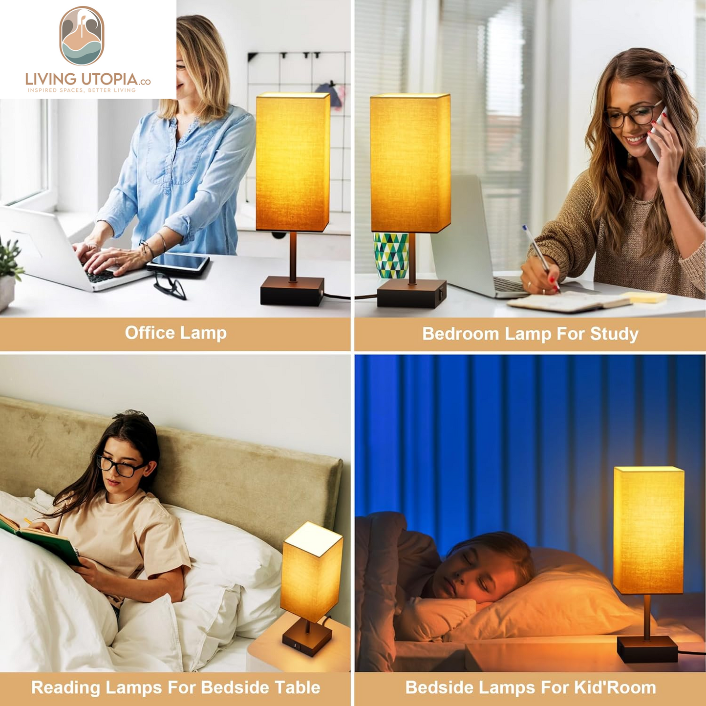 Table Lamp with USB C USB a Port,Square Touch Lamp for Bedroom with 3 Way Dimmable 2700K Warm Light, Beige Fabric Lamp Shade Small Lamp for Night Stand LED Bulb Included