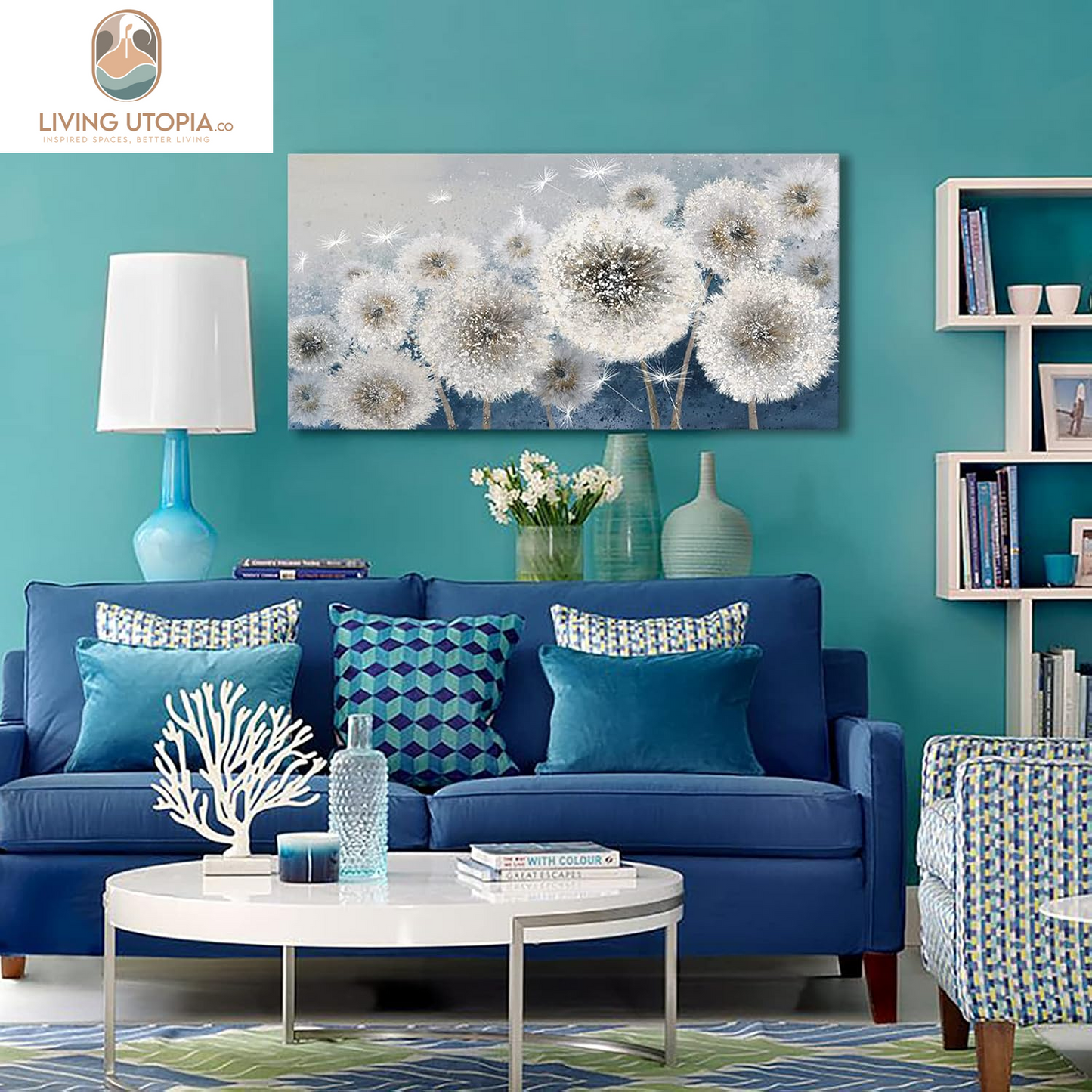 Wall Decor Living Room - Wall-Art for Living Room, Canvas Art/Pictures for Bedroom | Blue Dandelion 24X48 Inches Large Wall Art
