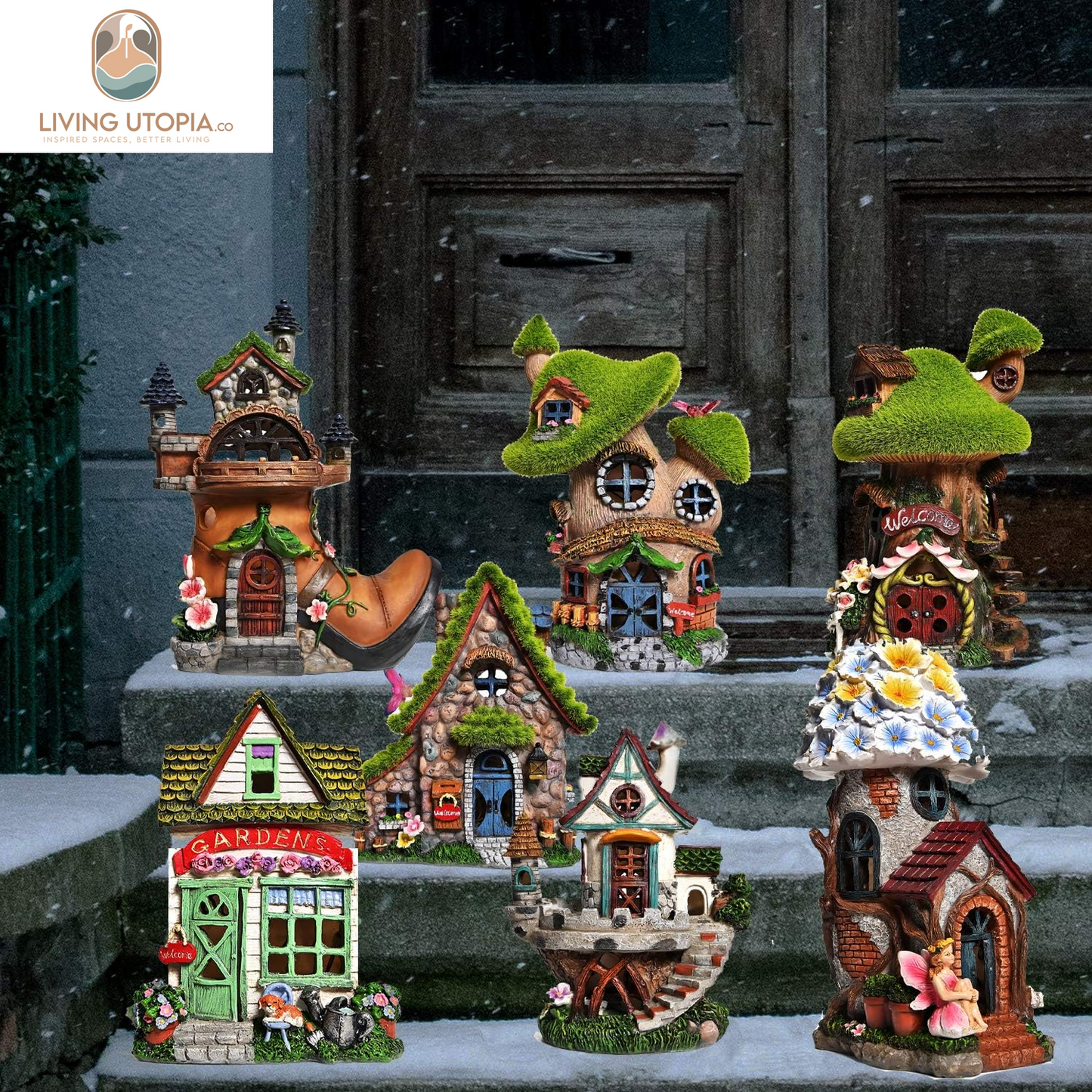 Resin Fairy House Statues with Solar Powered Lights, Funny Garden Sculptures with Flocked and Cobblestone Decor, Exquisite Garden Cottage Figurines