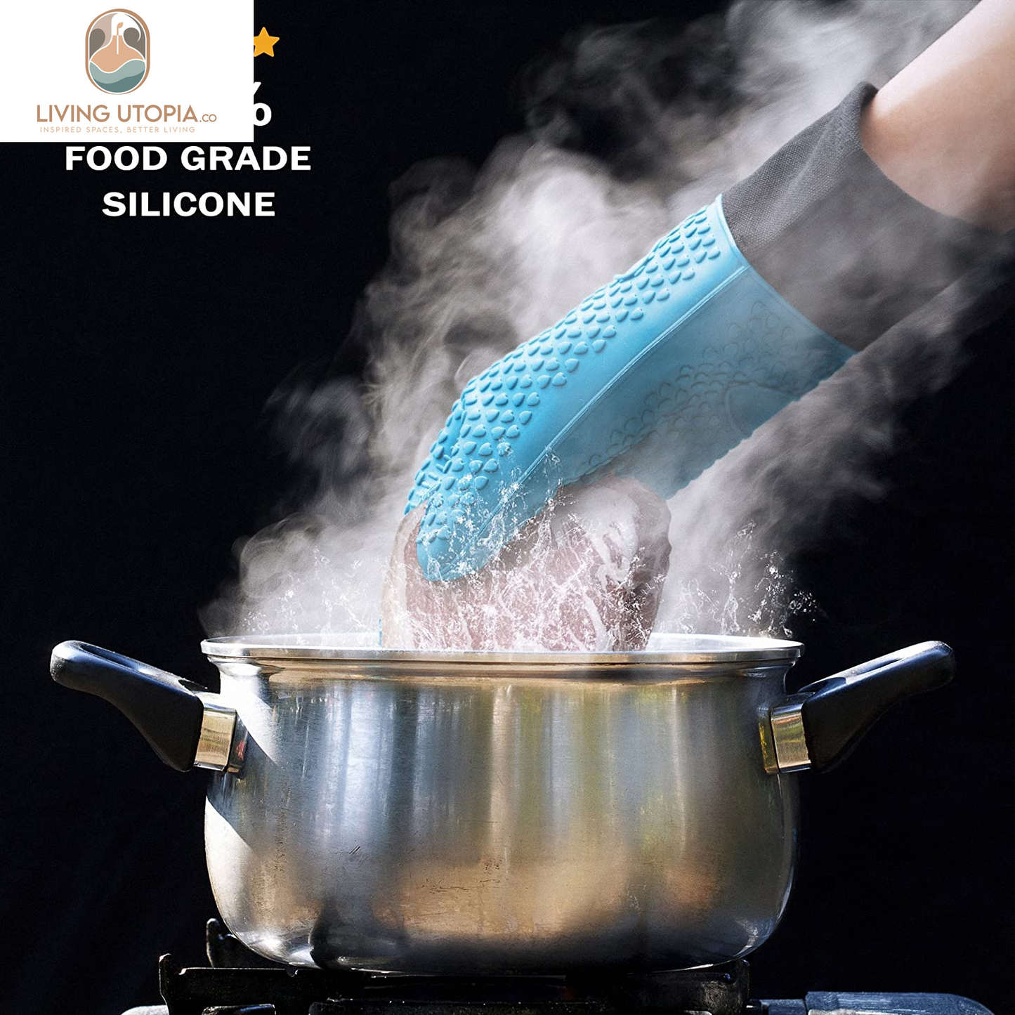 Silicone Cooking Gloves, Grilling Gloves, Heat Resistant Gloves BBQ Kitchen Silicone Oven Mitts, Long Waterproof Non-Slip Potholder for Barbecue, Cooking, Baking