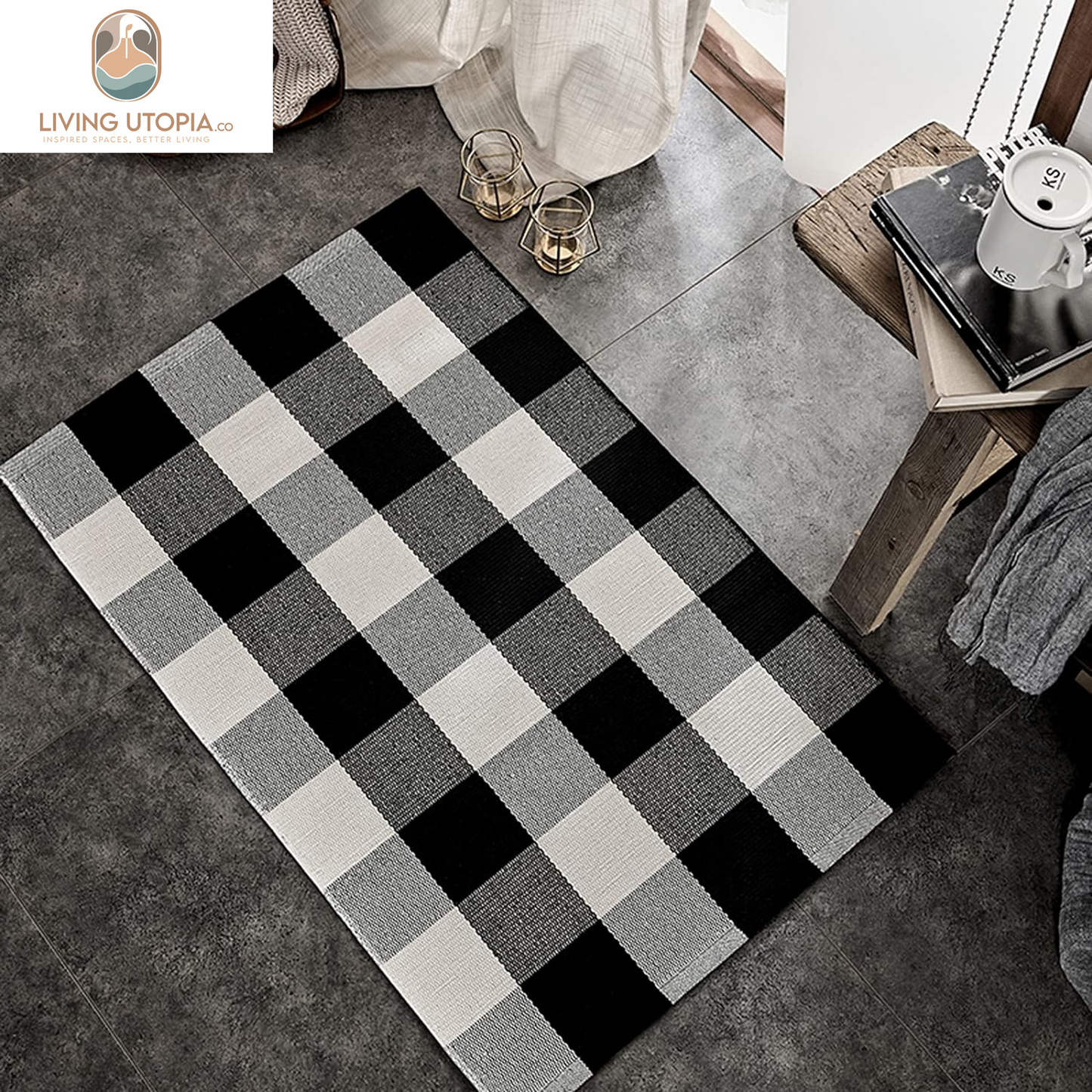 Cotton Buffalo Plaid Rug 2'X3' Black and White Checked Rug Washable Doormats Indoor Outdoor Rugs for Layered Front Door Mats, Porch, Kitchen, Farmhouse, Entryway