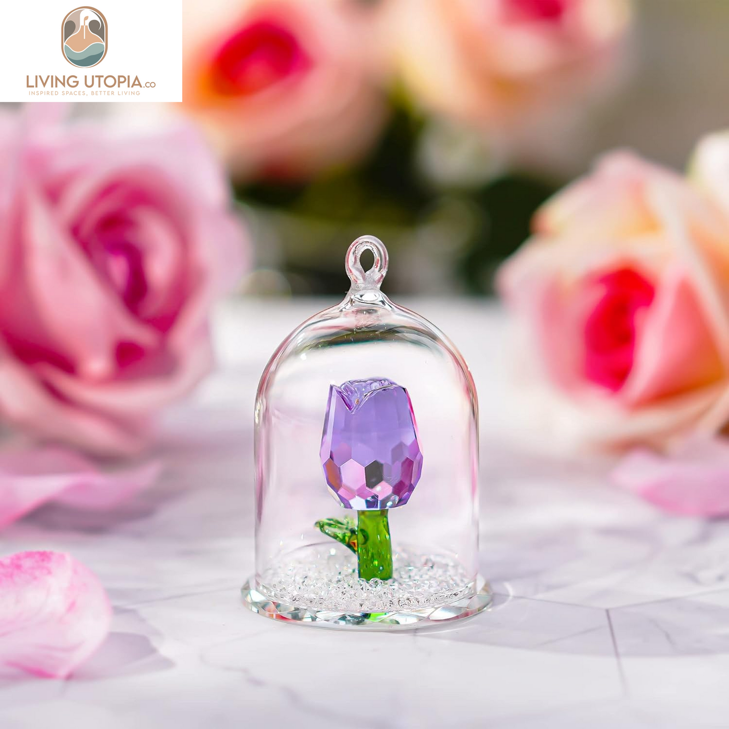 H&D Crystal Enchanted Rose Flower Figurine Dreams Ornament in a Glass Dome Gifts for Her (Purple)