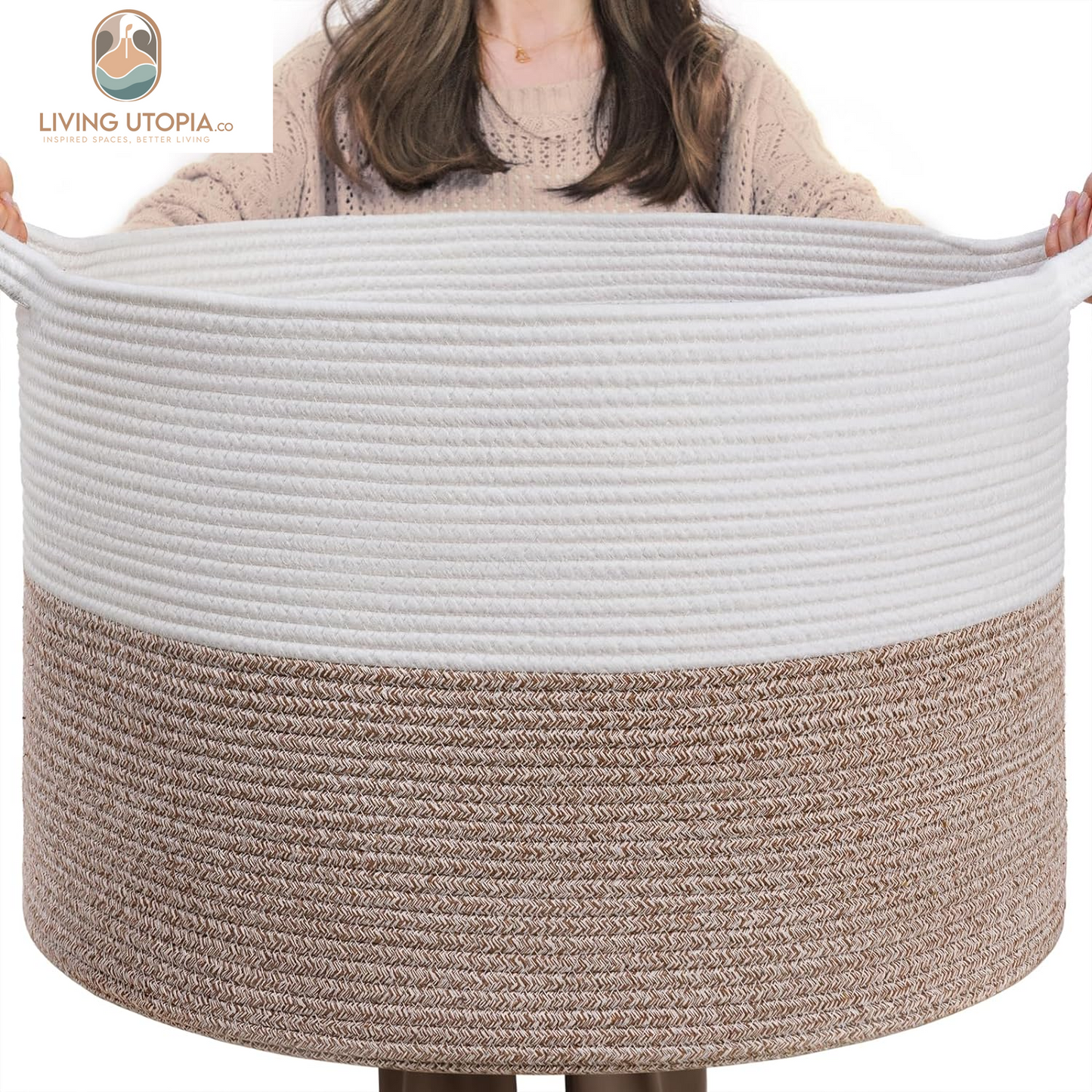 Xxxlarge Cotton Rope Basket 21.7" X 21.7" X 13.8" Woven Baby Laundry Blanket Basket Toy Basket with Handle Storage Comforter Cushions Thread Laundry Hamper White & Brown