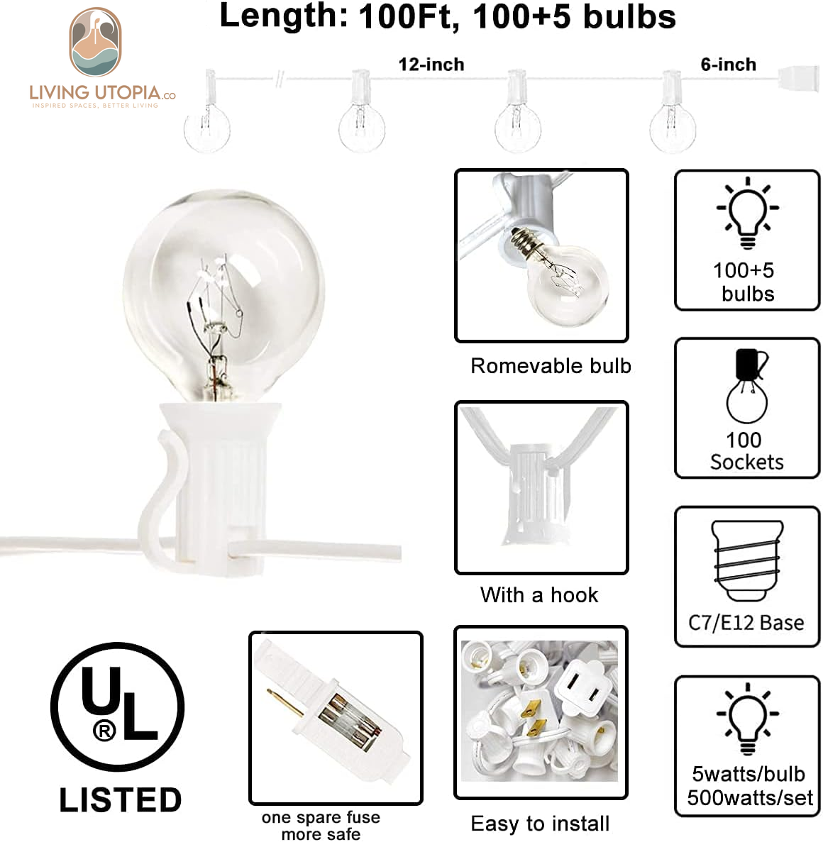 Outdoor String Light G40-100Ft with 105 Edison Glass Bulbs, 5W, E12 Socket Base, UL Listed Waterproof for Patio Lights Bars Party Decor, White