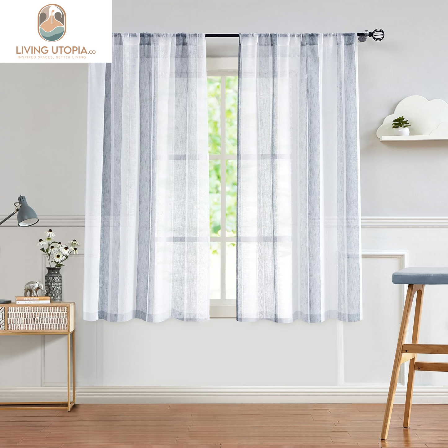 Sheer Navy Blue and White Stripe Farmhouse Curtains Boucle Linen Window Curtain Panel Pairs Yarn Dyed Woven 63 Inches Long for Living Room Bedroom 2 Pack Rod Pocket Rustic Living Panels