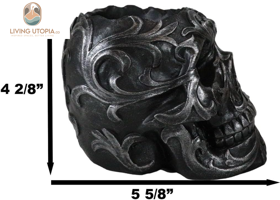 Set of 2 Tribal Tattoo Floral Skull Pen Holder Figurine 5.75" L Office Desktop Ossuary Skulls Decor Cranium Skeleton Head Stationery Holder as Halloween Macabre Graveyard Spooky Statue