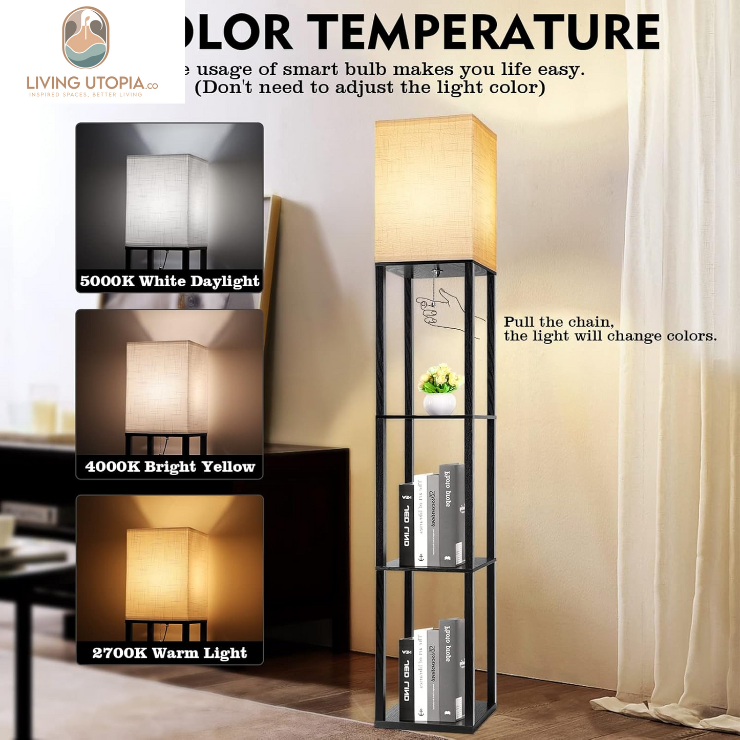 3-Shelf Floor Lamp with LED Bulbs - Modern Standing Display Shelf Lamp for Living Room, Bedroom and Office (Black)