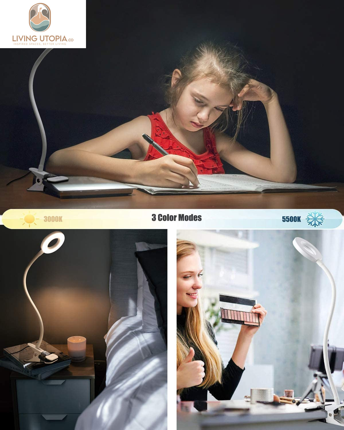 LED Reading Light, Dimmable Clamp Light for Bed Headboard, Bedroom, Office, 3 Modes & 9 Dimming Levels, Flexible Clip Desk Lamp, Adapter Included (Mattewhite)