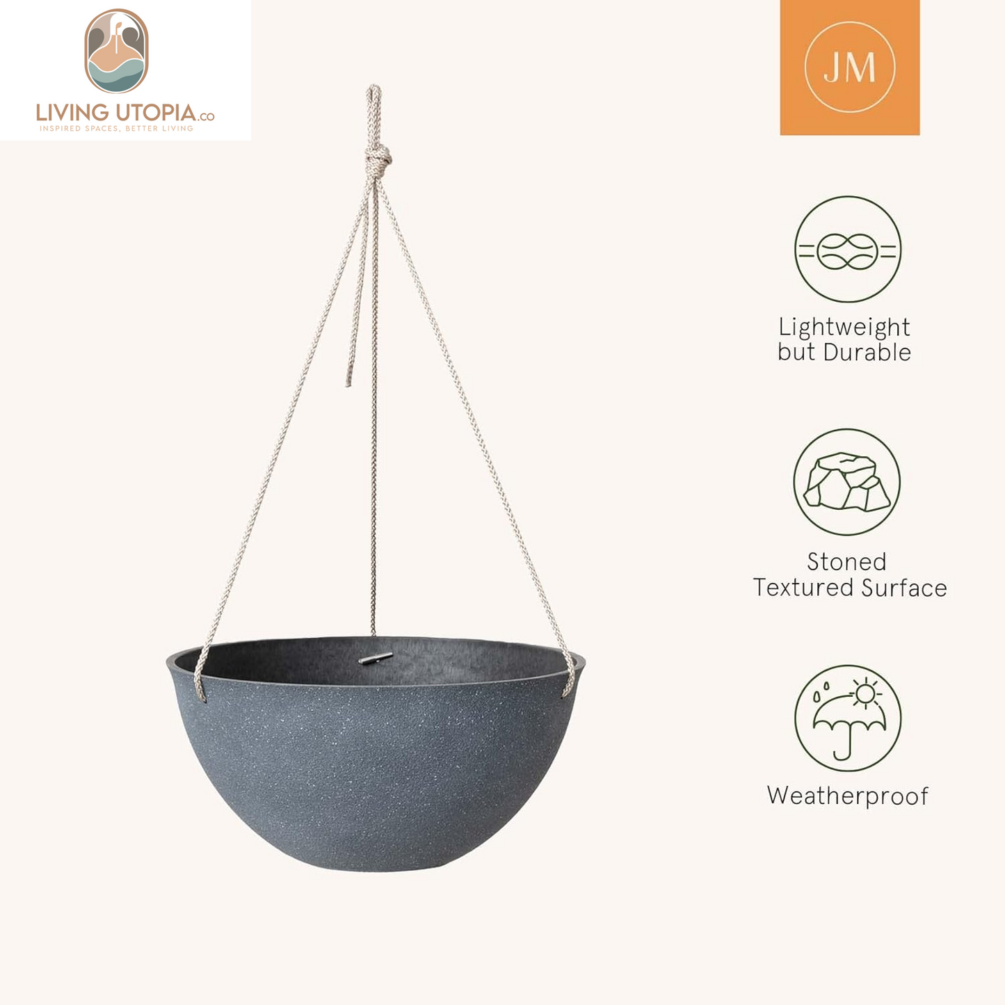 Large Hanging Planters for Outdoor Plants - Hanging Flower Pots Weathered Gray (13.2 Inch, Set of 2)