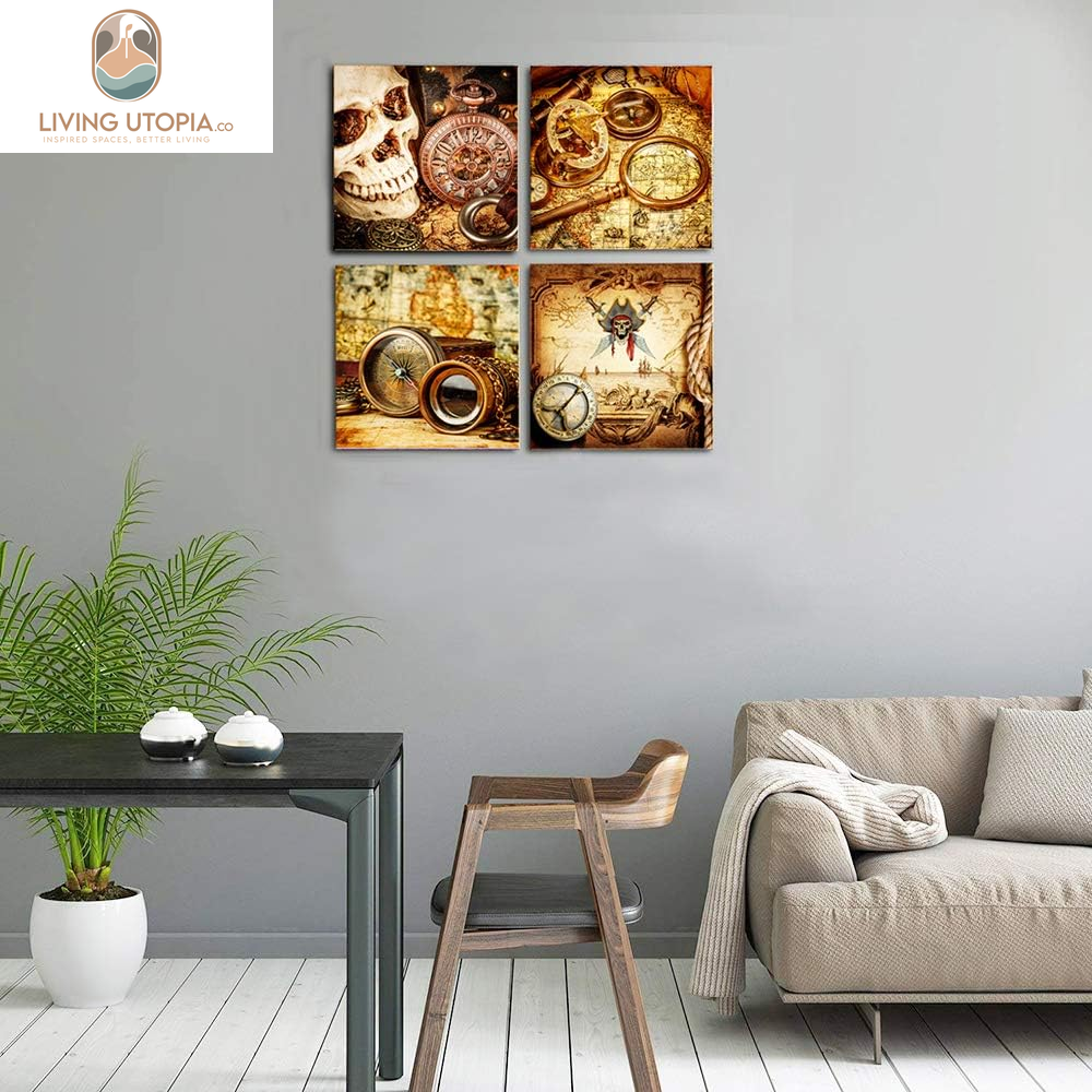 Pirate Ship Compass Restoring Ancient Ways Wall Art for Living Room Canvas Prints Artwork Bathroom Wall Decor Watercolor Painting 4 Piece Framed Bedroom Wall Decorations Office Home Decoration