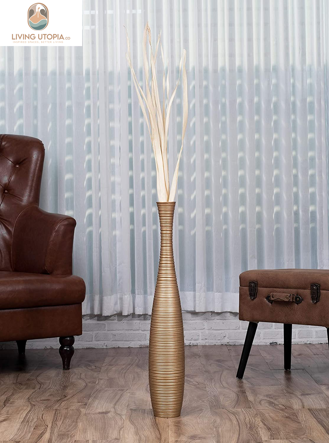Large Floor Vase – Handmade Flower Holder Made of Wood, Sophisticated Tall Vase for Decorative Branches, Pampas Grass and Dried Flowers, 28 Inches, Gold