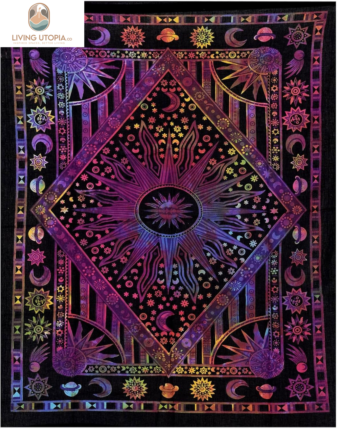 Burning Sun Tapestry Tie Dye Celestial Poster Aesthetic Bedroom Tapestries Moon Star Tarot Cotton Wall Hanging Boho Hippie Dorm Decor Beach Coverlet Curtain Blanket - Purple Multi 54"X82"