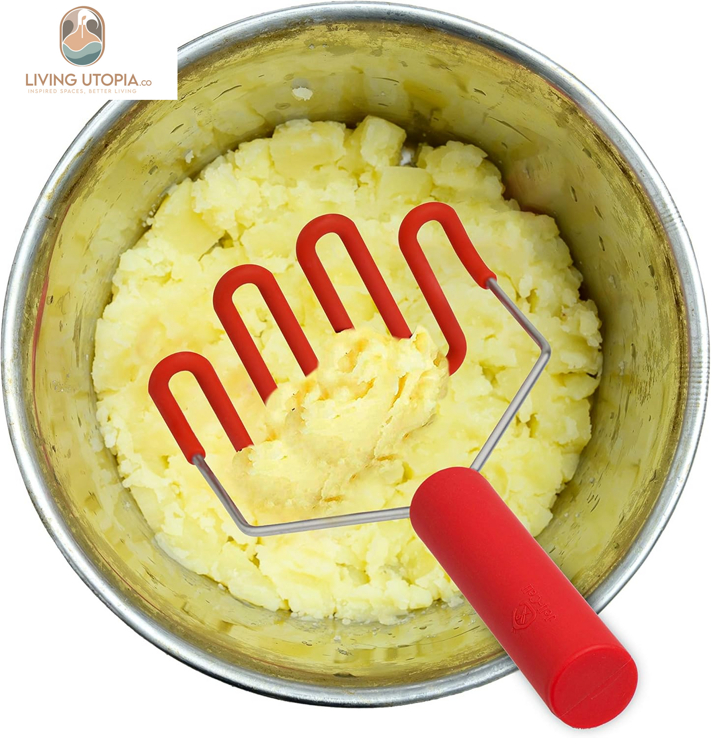 Potato Masher - Silicone Protect Body with Premuim Stainless Steel Non-Scratch Cookware for Smooth Mashed Potato Vegetables and Fruits Color Red