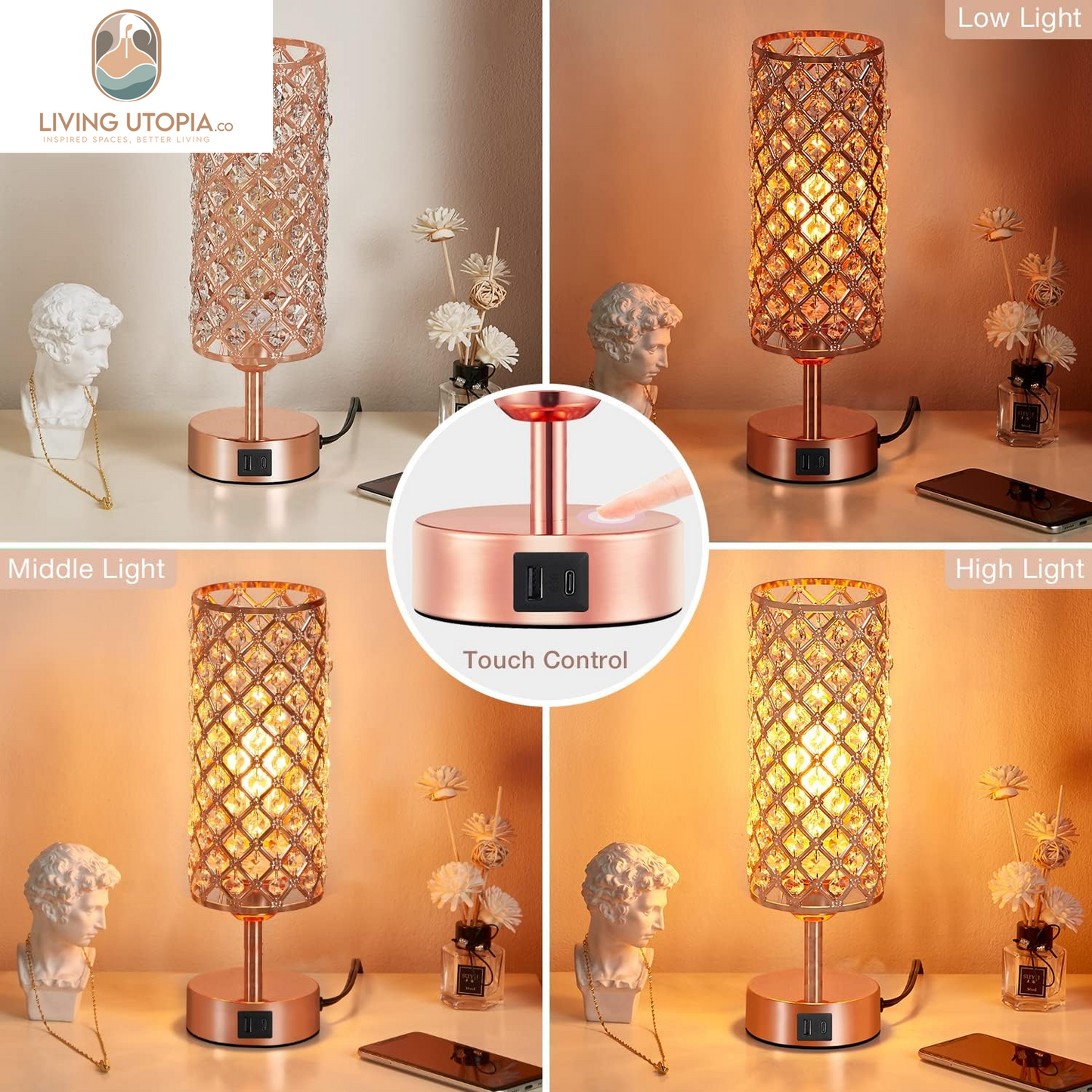 Crystal Table Lamp - 3-Way Dimmable Touch Control, Rose Gold Bedside Lamp with USB C and a Ports, Nightstand Light for Living Room, Bedroom, Home Office (Bulb Included)