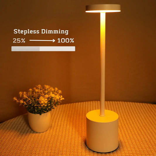 A minimalist table lamp with adjustable dimming sits on a textured surface next to a small potted plant, casting a warm glow.