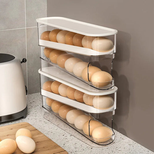 Three-tier automatic egg storage box with a sleek design, efficiently organizing eggs in a compact kitchen space, perfect for modern small living areas