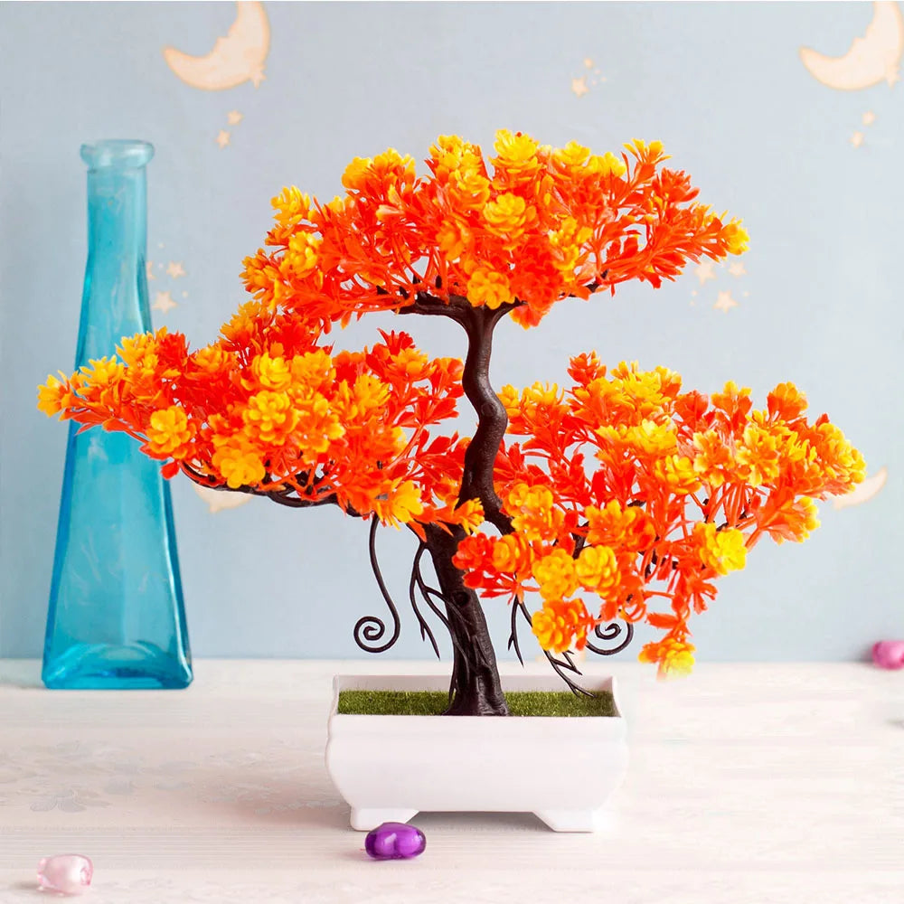 Vibrant artificial bonsai tree with lifelike autumn colors, adding a touch of elegance and tranquility to any room, perfect for enhancing indoor decor with a zen-inspired vibe