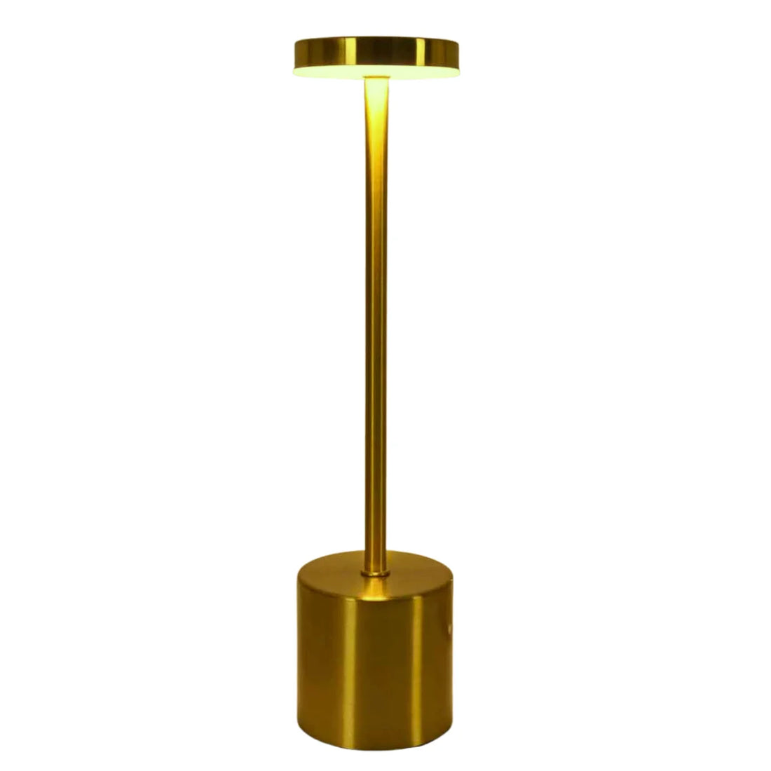 A sleek gold table lamp with a cylindrical base and flat top, emitting warm light, perfect for adding a modern touch to any space.