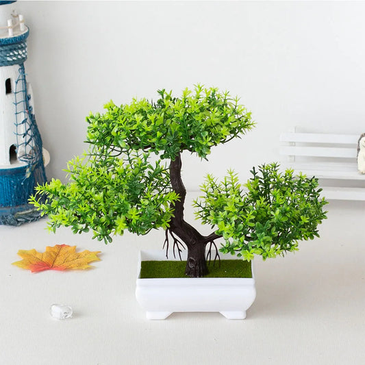 Artificial bonsai tree in a sleek white pot, adding a touch of tranquility and natural beauty to any indoor space, perfect for creating a peaceful ambiance in your home decor.