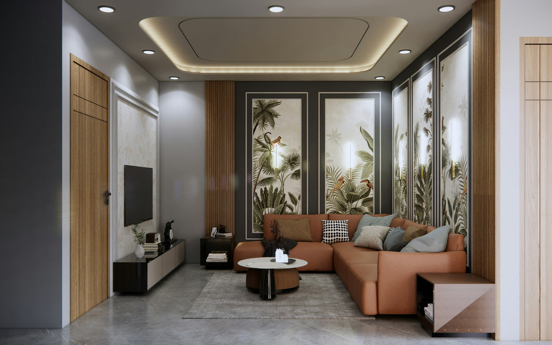 Modern living room with botanical wall art and a sectional sofa in warm tones