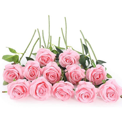 Pink Silk Roses w/ Stems - 12 Pieces