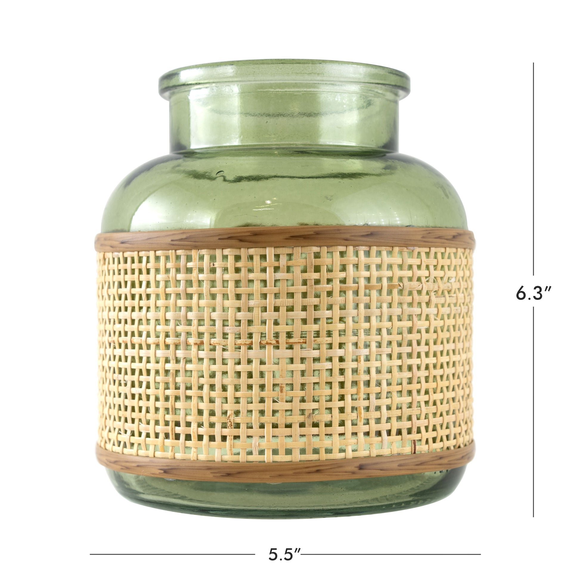 6" Green Translucent Glass Indoor Tabletop Vase with Natural Rattan Caning Wrap