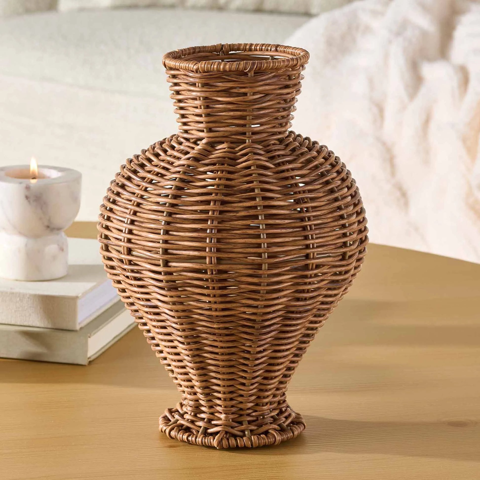 10" Brown Woven Faux Rattan Indoor Vase