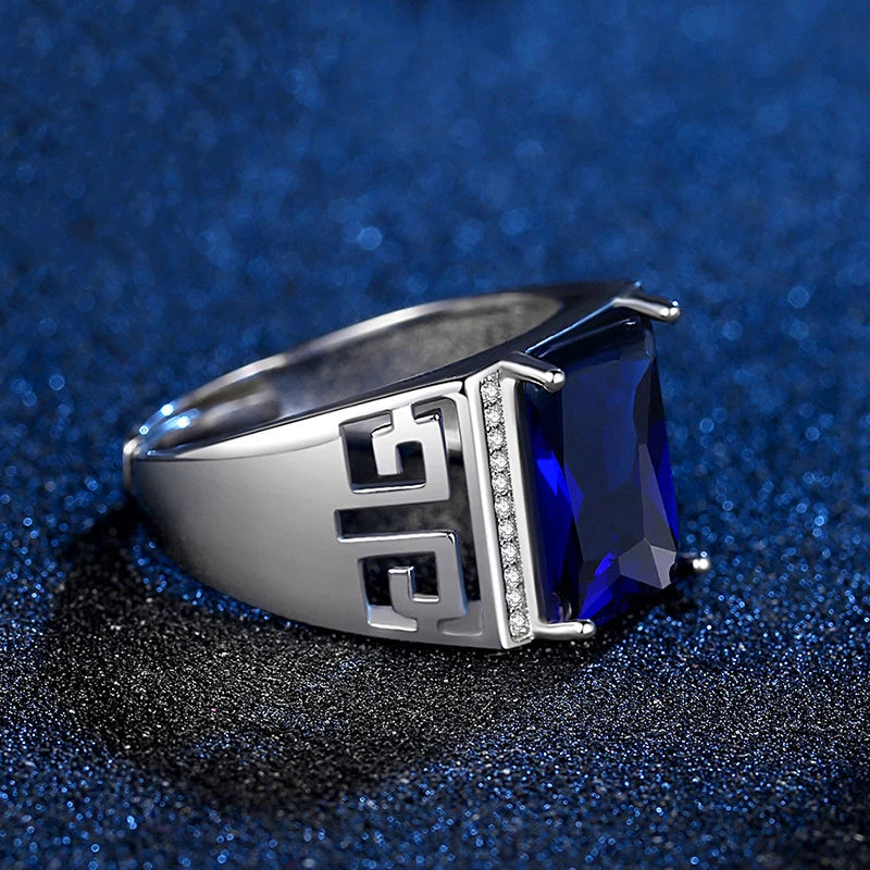 Silver Sapphire Zircon Men's Ring