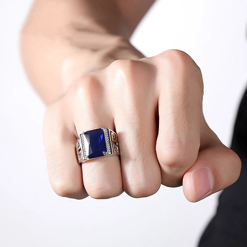 Silver Sapphire Zircon Men's Ring