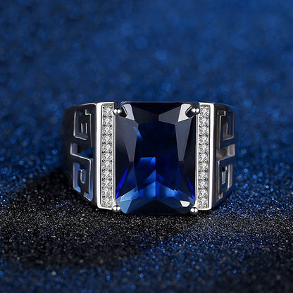 Silver Sapphire Zircon Men's Ring