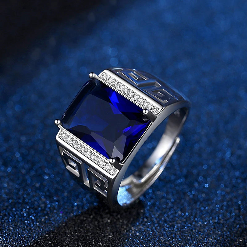 Silver Sapphire Zircon Men's Ring