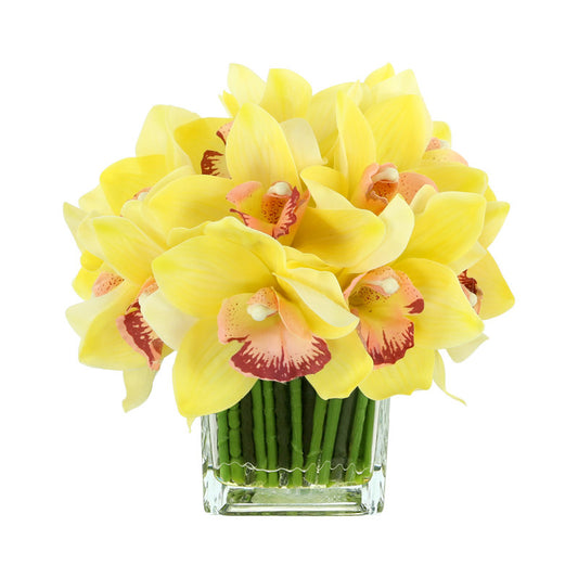 Yellow Orchid Flowers Glass Vase