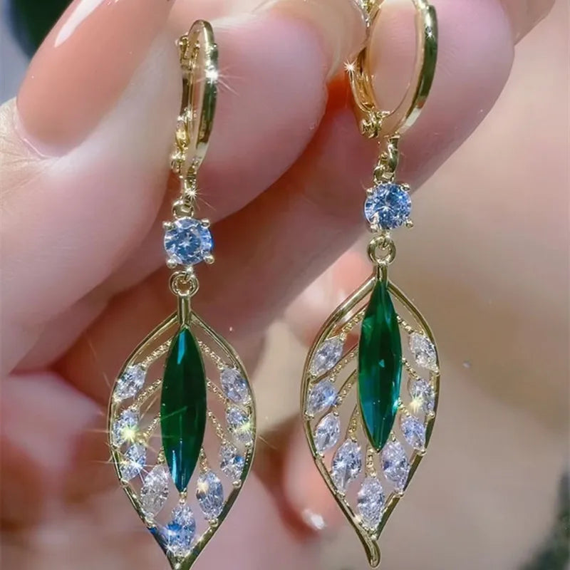 Green Crystal Golden Leaves Earrings