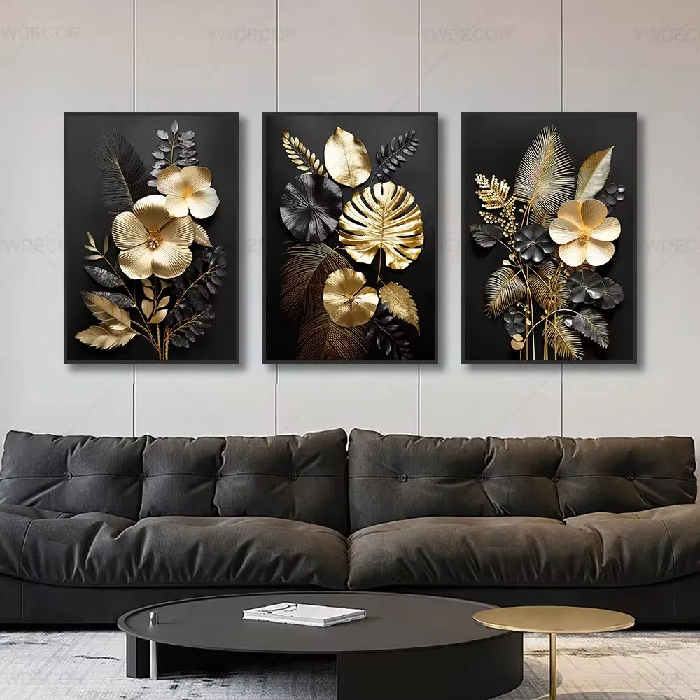 Luxury Black Gold Leaves Canvas