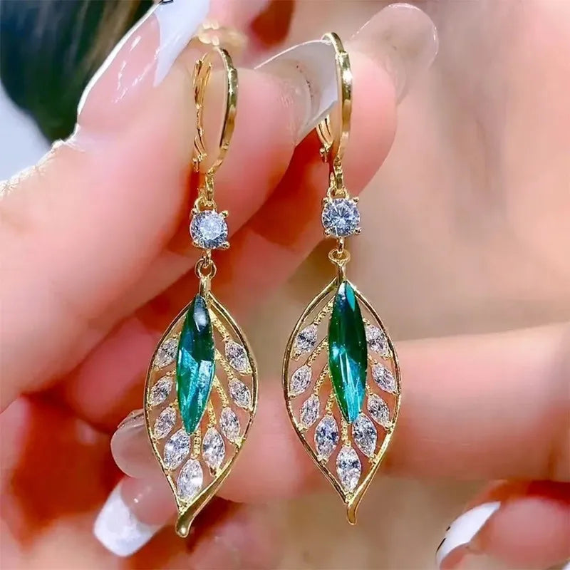 Green Crystal Golden Leaves Earrings