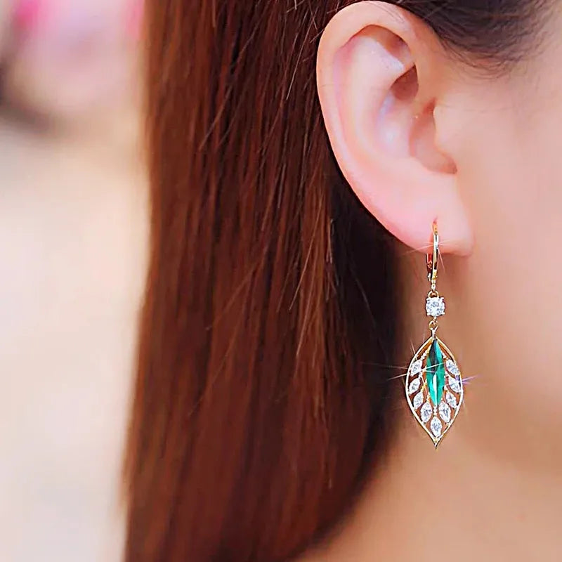 Green Crystal Golden Leaves Earrings