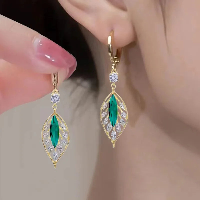 Green Crystal Golden Leaves Earrings