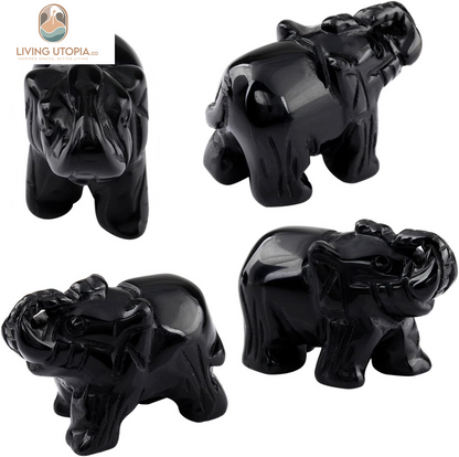 Black Obsidian Crystal Elephant Sculpture Statue Crafts Healing Reiki Pocket Gemstone Figurines 1.5 Inch