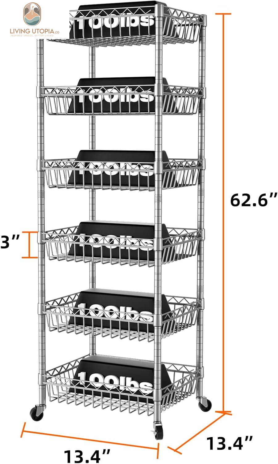 6 Tier Wire Shelving Unit with Baskets Storage Rack Corner Shelves Adjustable Shelf Closet Bathroom Organizers Metal Pantry Kitchen Garage Laundry Room 13.5" D X 13.5" W X 63" H Silver