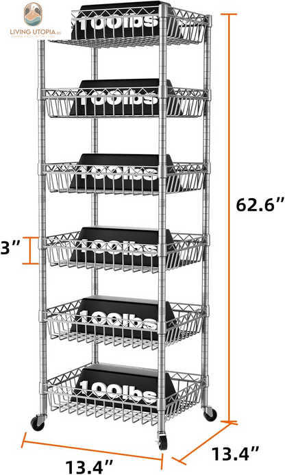 6 Tier Wire Shelving Unit with Baskets Storage Rack Corner Shelves Adjustable Shelf Closet Bathroom Organizers Metal Pantry Kitchen Garage Laundry Room 13.5" D X 13.5" W X 63" H Silver