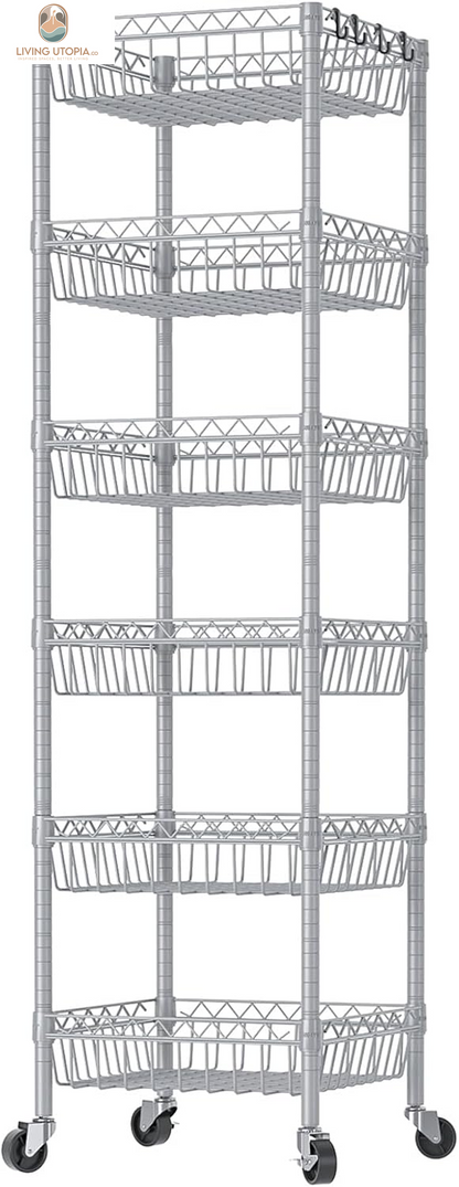 6 Tier Wire Shelving Unit with Baskets Storage Rack Corner Shelves Adjustable Shelf Closet Bathroom Organizers Metal Pantry Kitchen Garage Laundry Room 13.5" D X 13.5" W X 63" H Silver