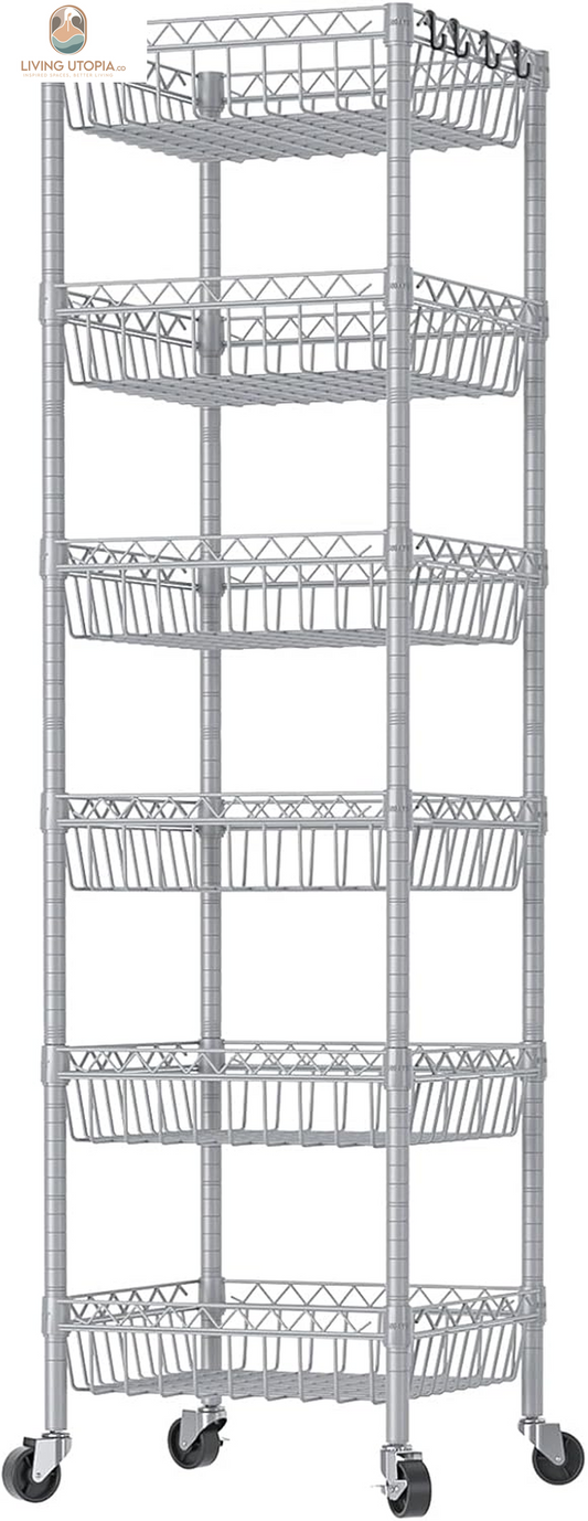 6 Tier Wire Shelving Unit with Baskets Storage Rack Corner Shelves Adjustable Shelf Closet Bathroom Organizers Metal Pantry Kitchen Garage Laundry Room 13.5" D X 13.5" W X 63" H Silver