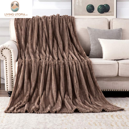Fleece Throw Blanket for Couch 300GSM Super Soft Lightweight Plush Striped Blanket, Brown Warm Cozy Breathable Ribbed Flannel Blanket for Bed/Sofa, Twin Size 60"X80"