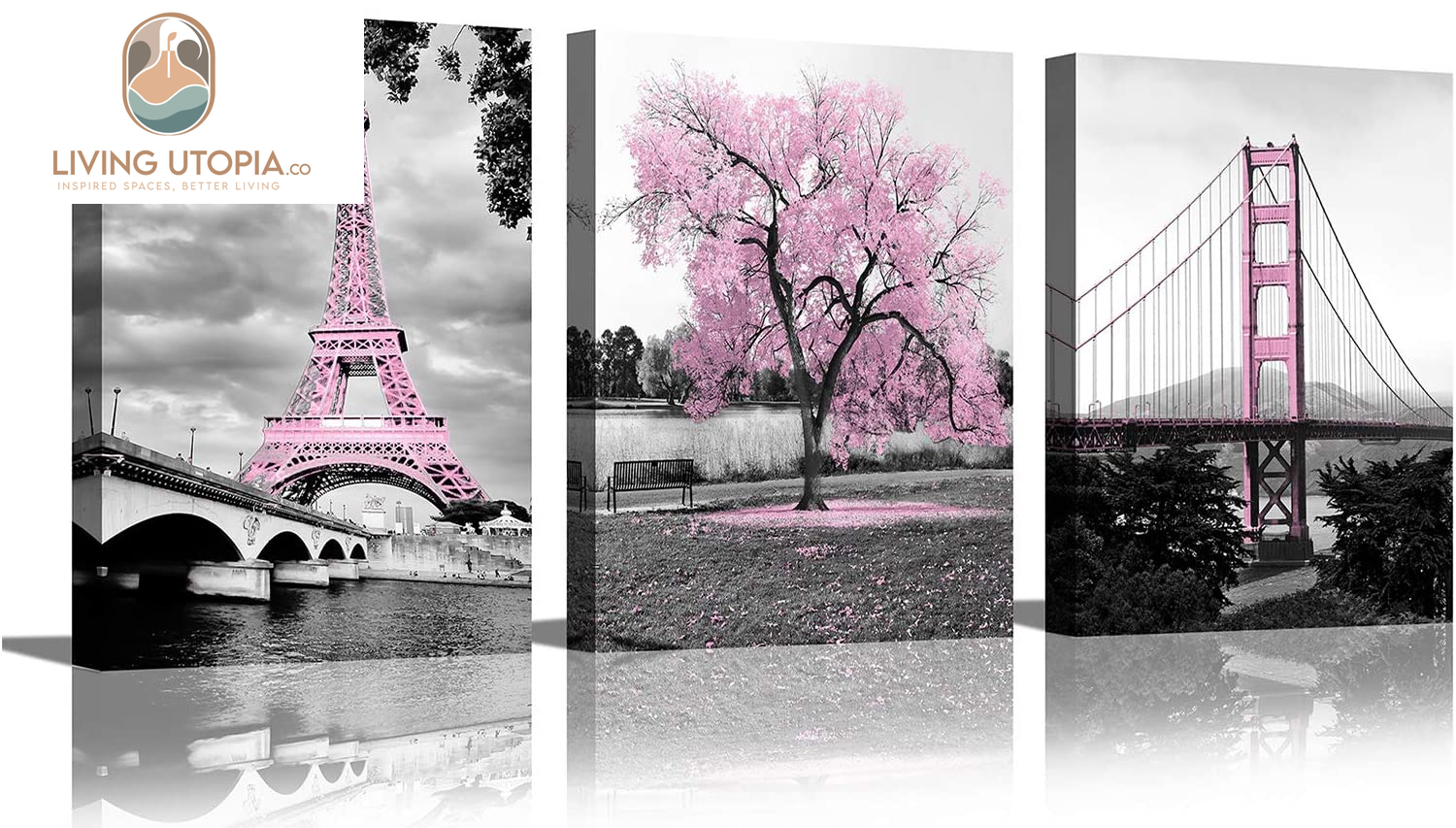 Wall Art for Bedroom Pink Tree Paris Eiffel Tower Golden Gate Bridge Romantic Black and White City Poster Bathroom Pictures Prints on Canvas for Living Room Decor