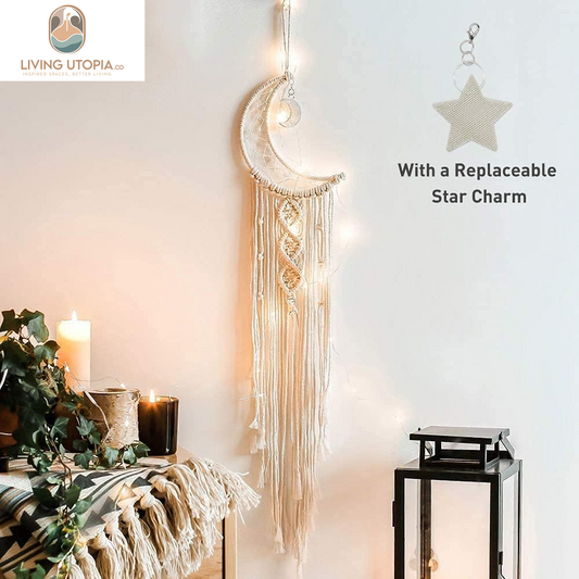 Boho Macrame Woven Wall Hanging, Crochet Crescent Moon Star Dream Catcher with Long Tassel- White Cotton Handmade Bohemian Home Decor Decoration Art Craft for Kids Bedroom Dorm Room