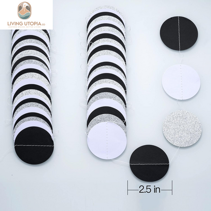 Black White Silver Glitter Paper Garland Circle Dot Streamer Banner for Graduation Bridal Shower Wedding Birthday Party Decorations, 2.5" in Diameter, 20 Feet in Total