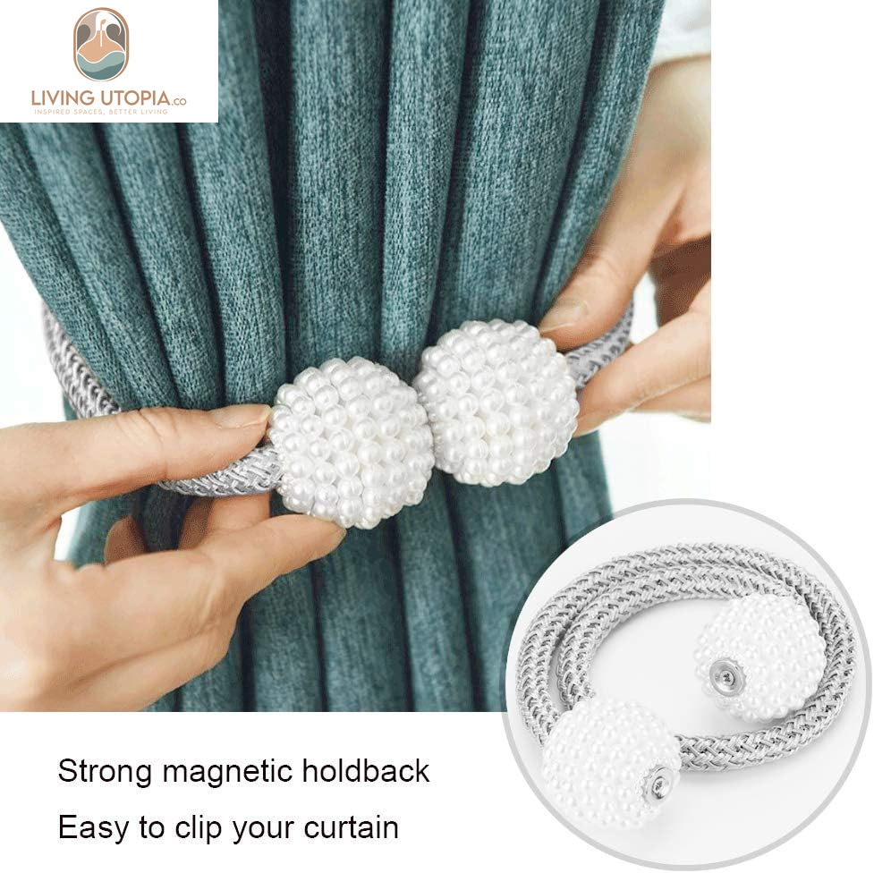 [2 Pack] Magnetic Curtain Tiebacks Convenient Drape Tie Backs,Pearl Decorative Rope Holdback Holder for Small, Thin or Sheer Window Drapries (Gray)…