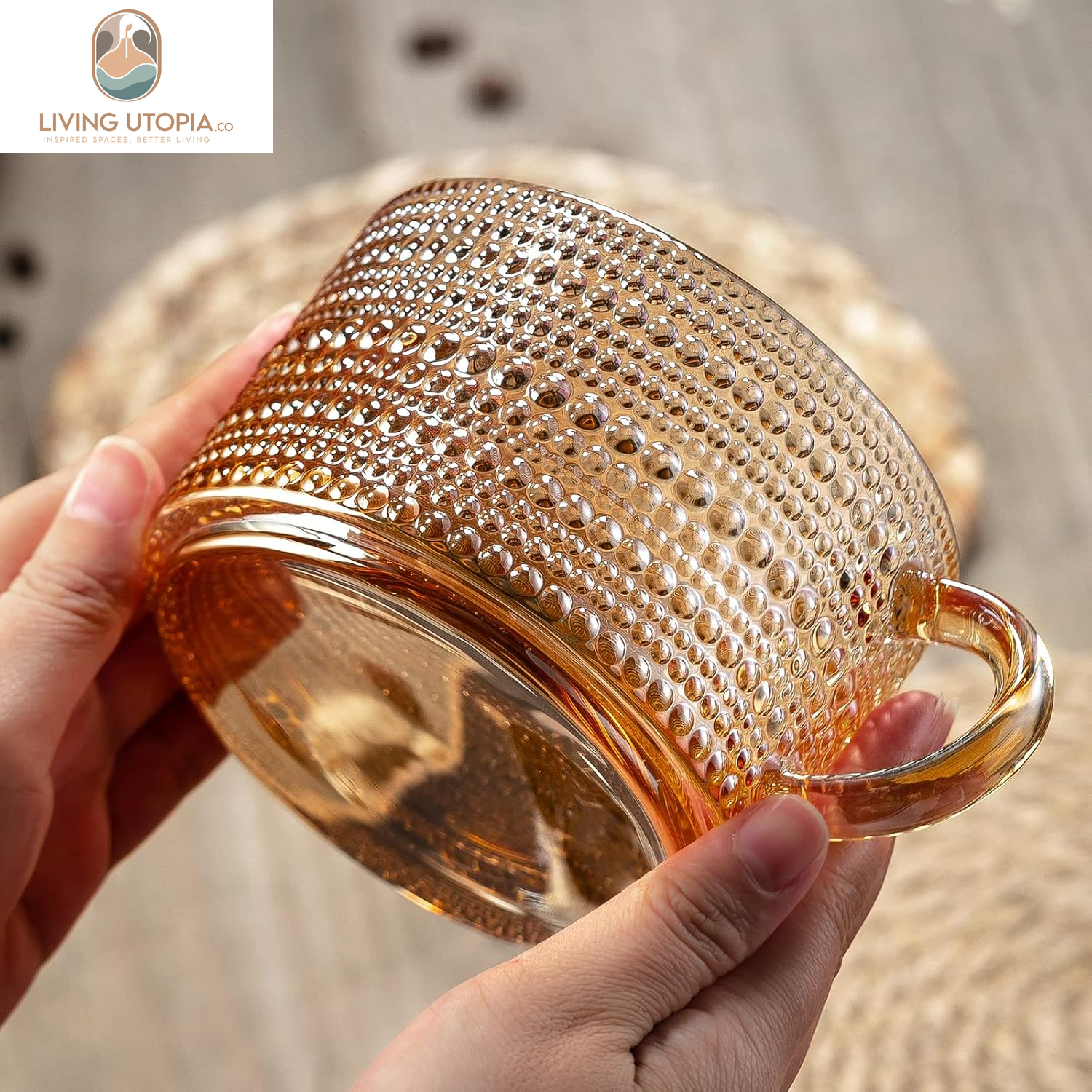 Vintage Coffee Mugs 14 Oz Set of 2 Amber Embossed Glass Tea Cups for Cappccino, Latte,Cereal, Yogurt, Beverage Christmas Thanksgiving Day Gifts