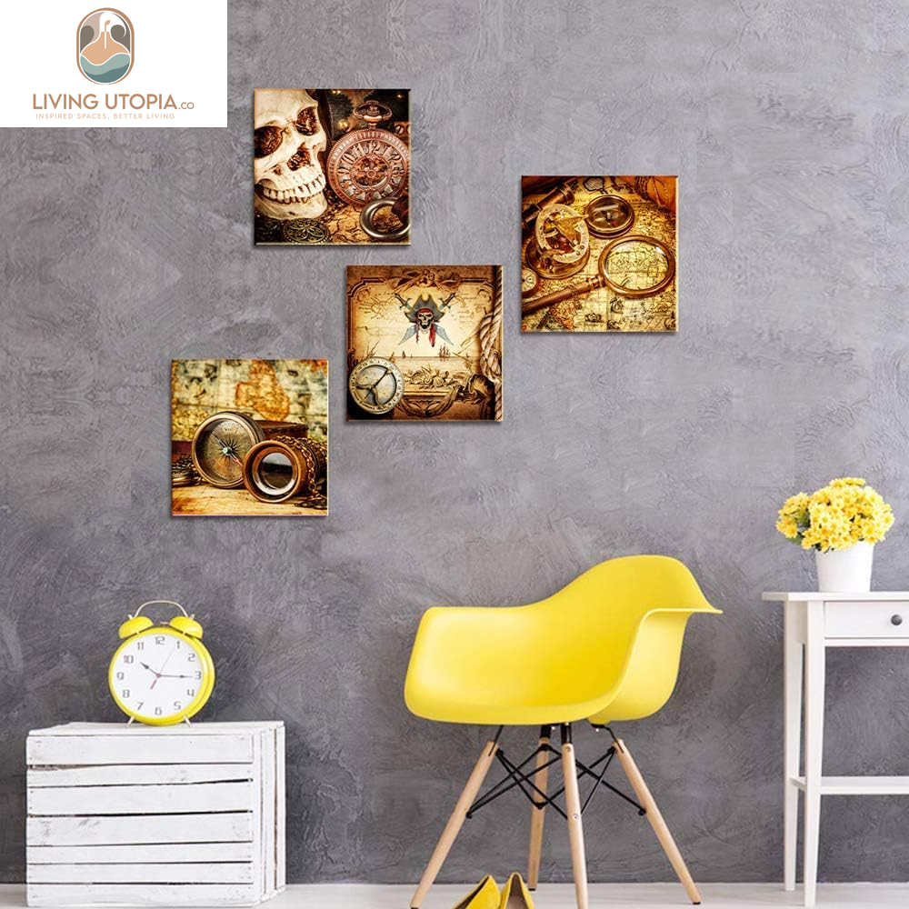 Pirate Ship Compass Restoring Ancient Ways Wall Art for Living Room Canvas Prints Artwork Bathroom Wall Decor Watercolor Painting 4 Piece Framed Bedroom Wall Decorations Office Home Decoration
